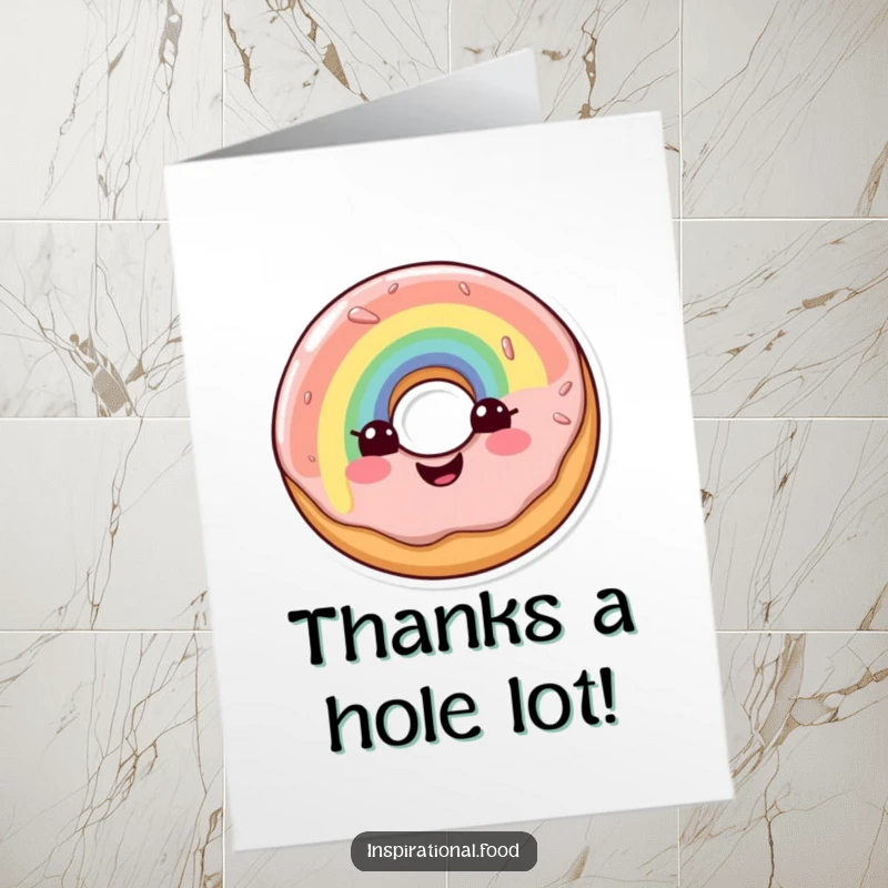 Funny Free Printable Thank You Card: A delighted doughnut covered in rainbow glaze offers heartfelt thanks with a sprinkle-covered smile.