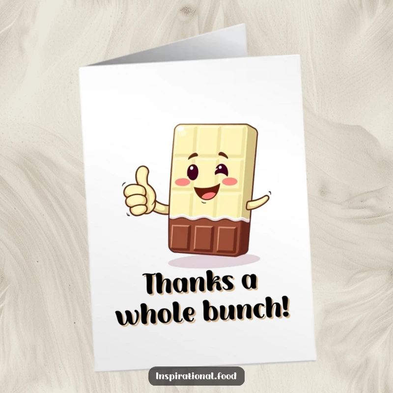 Funny Free Printable Thank You Card showing a grinning chocolate bar character giving a thumbs up, a sweet and downloadable expression of gratitude.