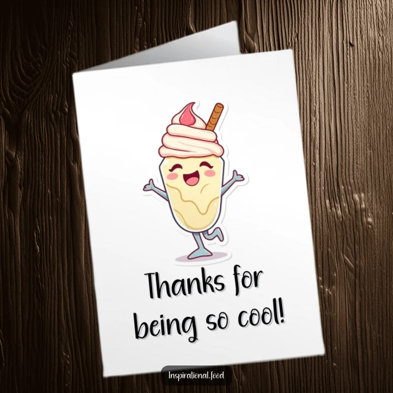 Funny free printable ice cream sundae thank you card with a joyful character caught mid-dance move, expressing heartfelt thanks.
