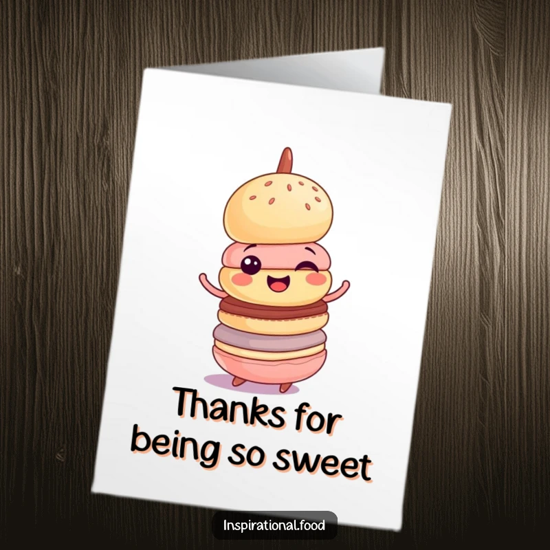 Funny Free Printable Thank You Card: A delightful macaron tower does a wobbly spin, conveying sweet thanks.