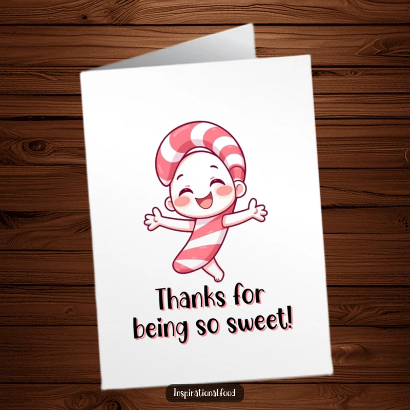 Funny Free Printable Candy Cane Thank You Card: A smiling candy cane character joyfully twirling to express heartfelt appreciation.
