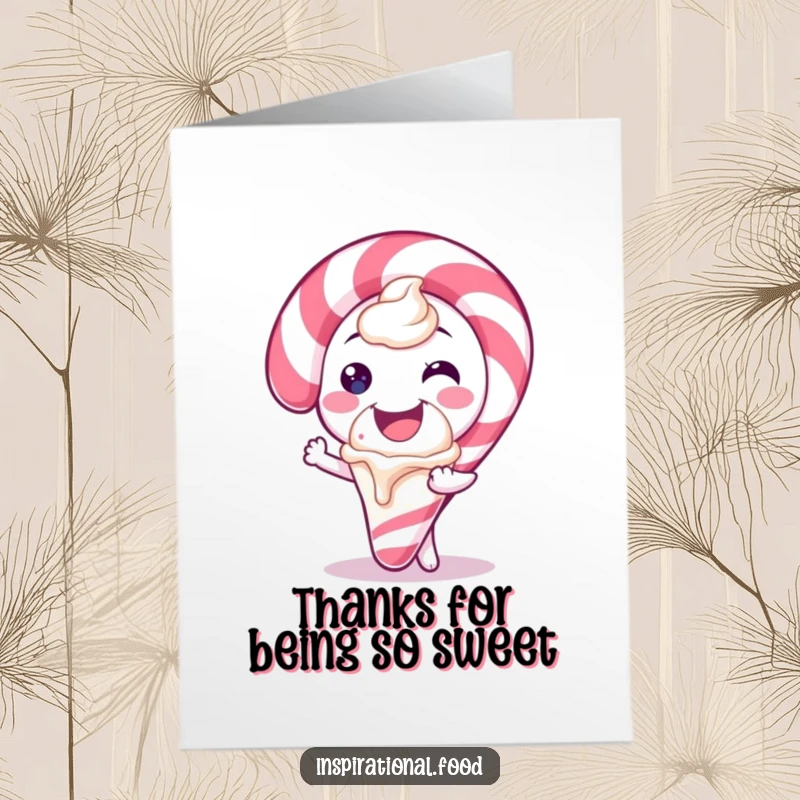 Funny Free Printable Thank You Card: A wide-smiling candy cane character generously offers a scoop of ice cream, showing thanks.