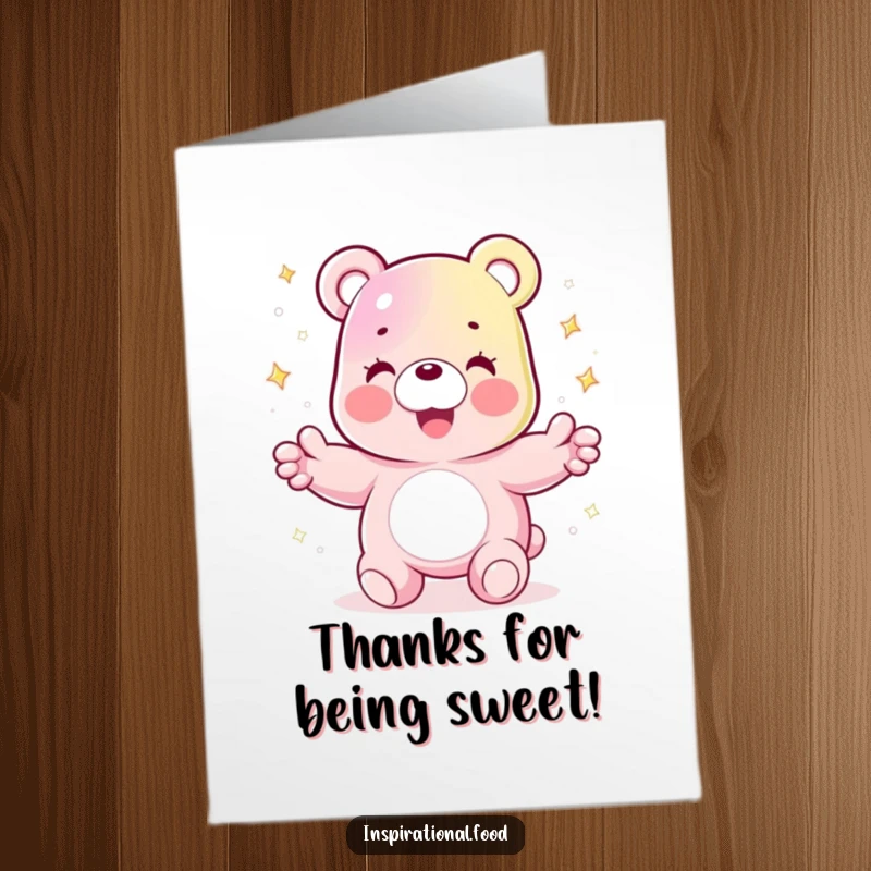 Funny Free Printable Thank You Card: Joyful gummy bear juggling sparkling sugar crystals, a sweet downloadable thank you.