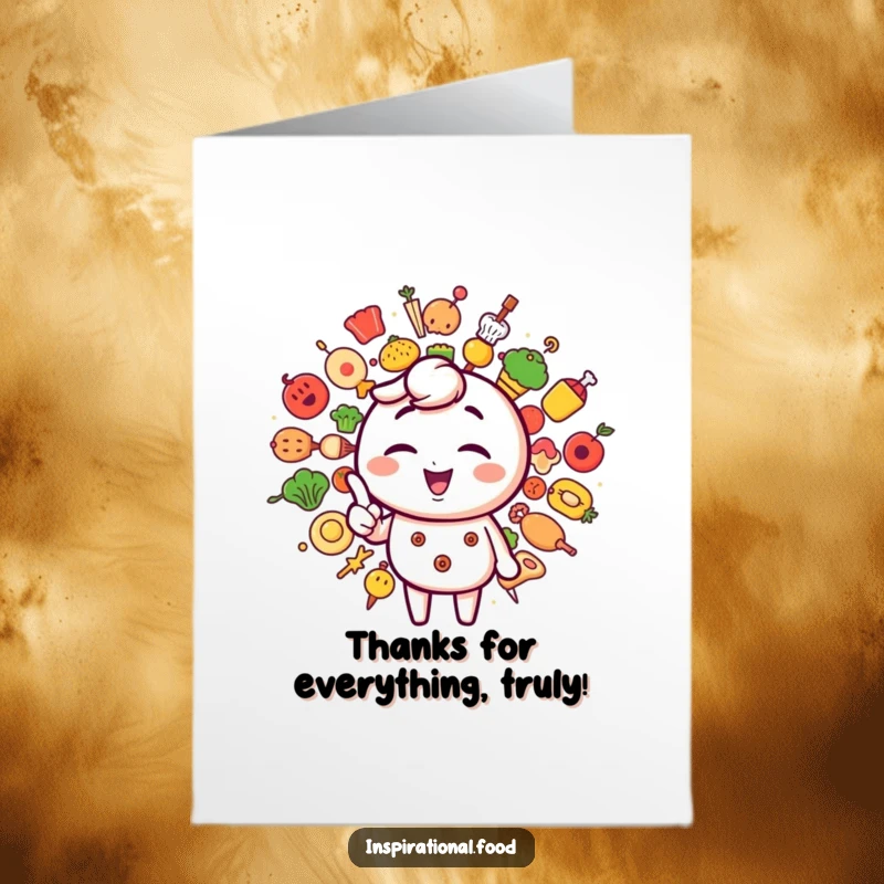 Funny Free Printable Thank You Card: Winking character gestures towards a burst of creative food icons.
