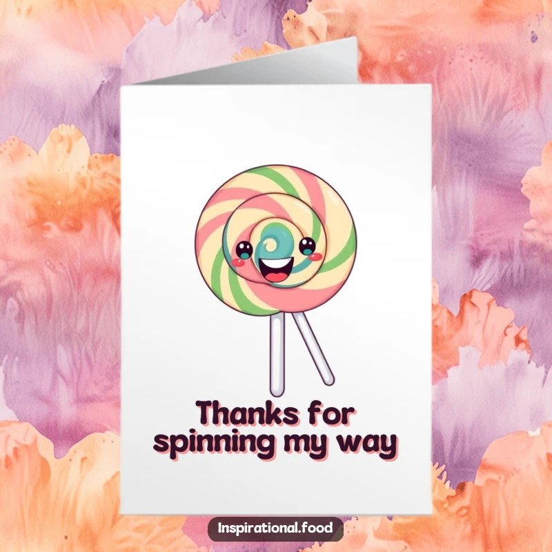 Funny Free Printable Thank You Card: A happy, swirling lollipop character offering a sweet smile and thanks.