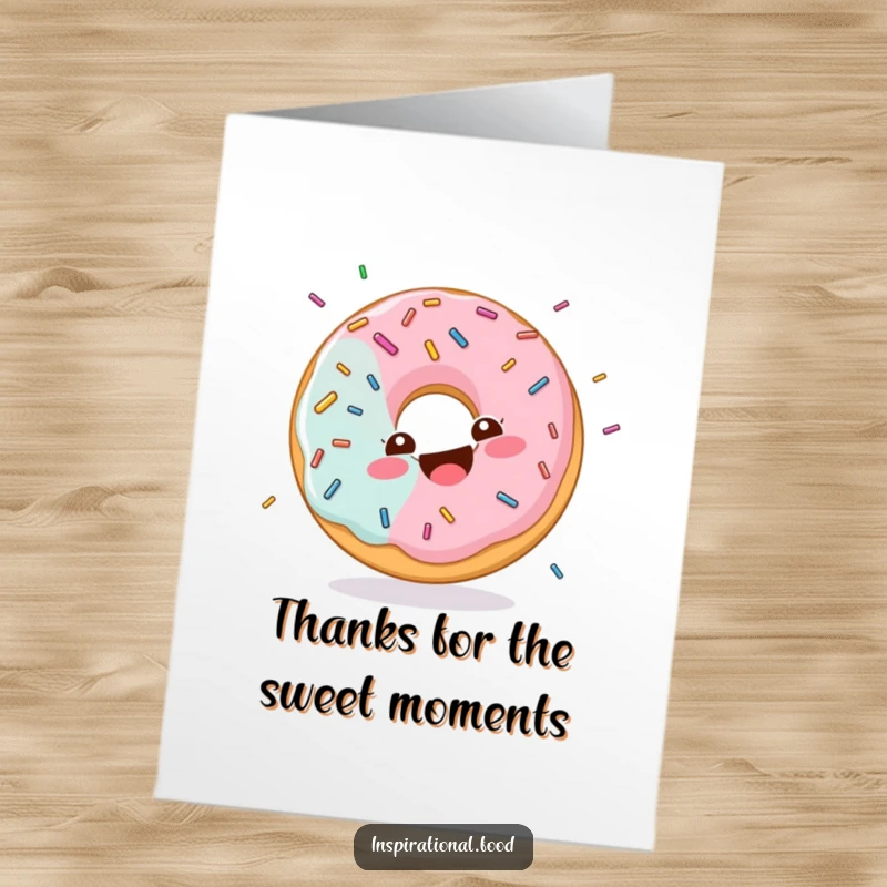 Funny Free Printable Thank You Card: A donut character with a happy swirl giggles amidst a delightful sprinkle shower, expressing thanks.