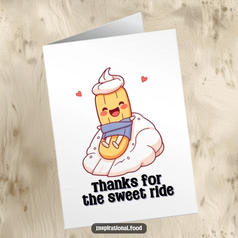 Funny Free Printable Thank You Card: Baguette character enjoys a thrilling slide down a meringue mountain, showing thanks.