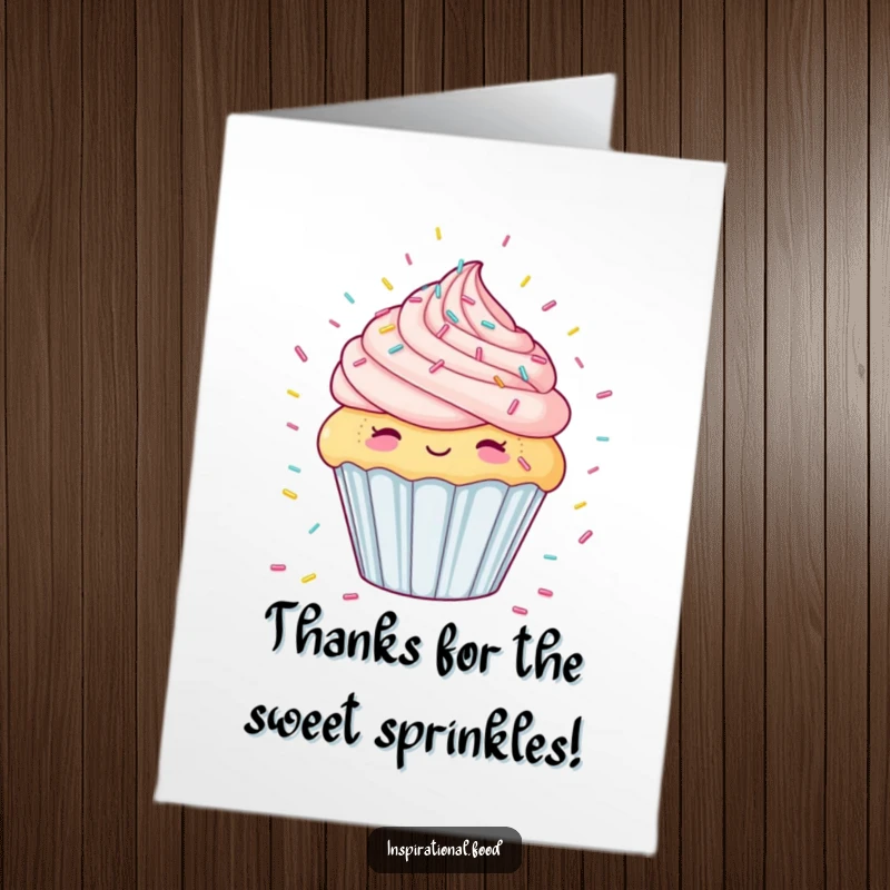Funny Free Printable thank you card of a delighted cupcake dreaming of a fantastic candy sprinkle shower, spreading joy.