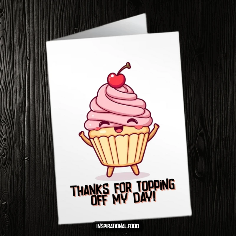 Funny Free Printable Thank You Card: A happy cupcake with a cherry on top bouncing with glee, a sweet way to say thanks.