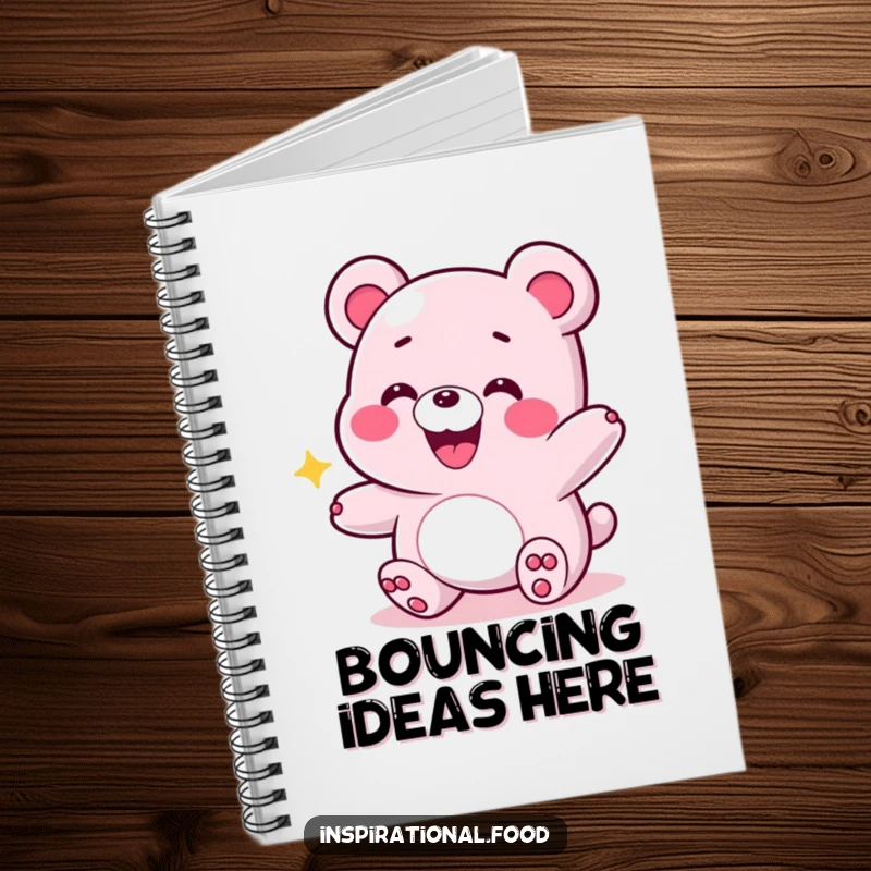 Funny notebook cover with a grinning gummy bear bouncing, encouraging energetic journaling and creative expression.