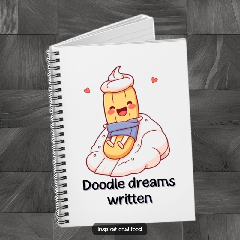 Funny notebook illustration of a baguette character gleefully sliding down a meringue mountain, encouraging culinary creativity and fun.