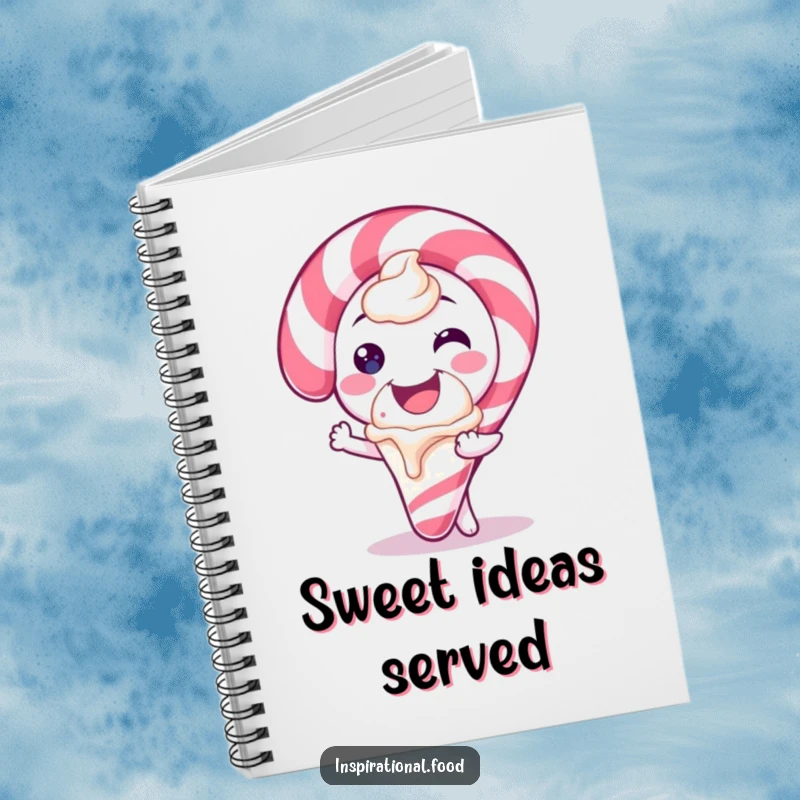 Funny notebook illustration of a candy cane character smiling widely and offering a scoop of ice cream, perfect for holiday planning.