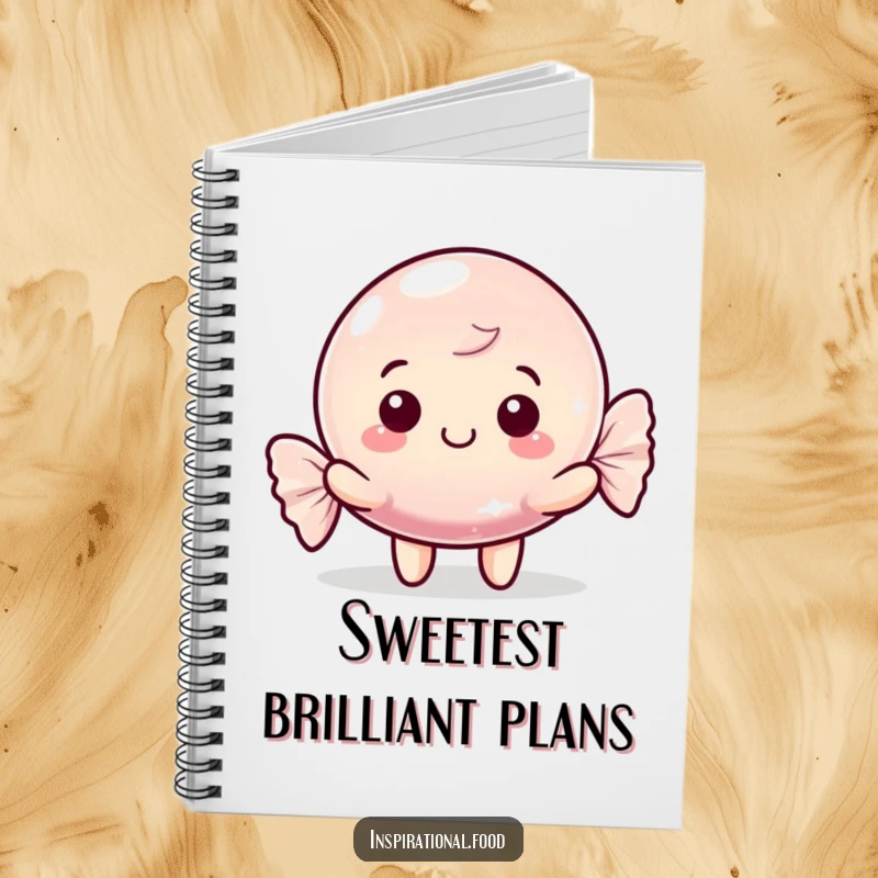 Funny notebook with a happy candy character and shimmering wrapper, encouraging creative thinking and note-taking, a useful and funny gift.