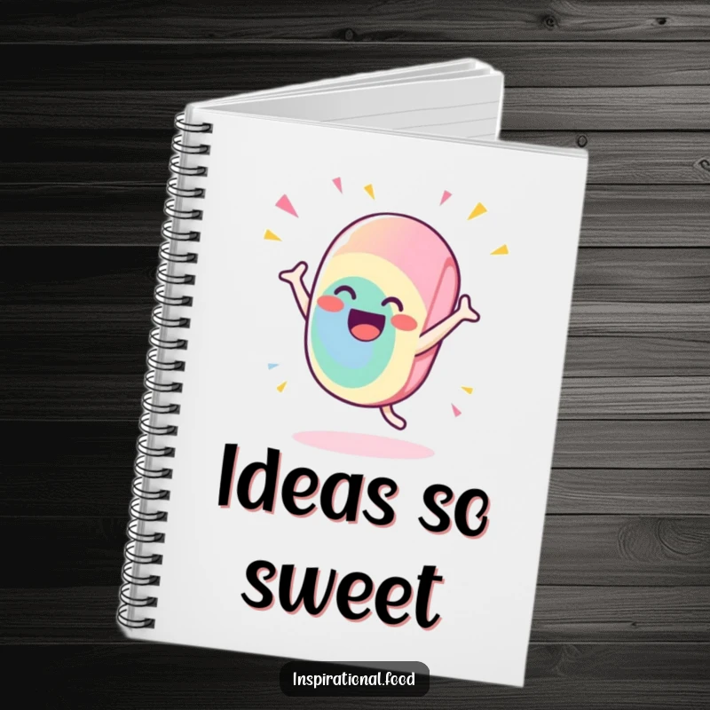Funny candy notebook with a gleeful character doing a flamboyant, celebratory flourish, ideal for capturing ideas with a touch of sweetness.