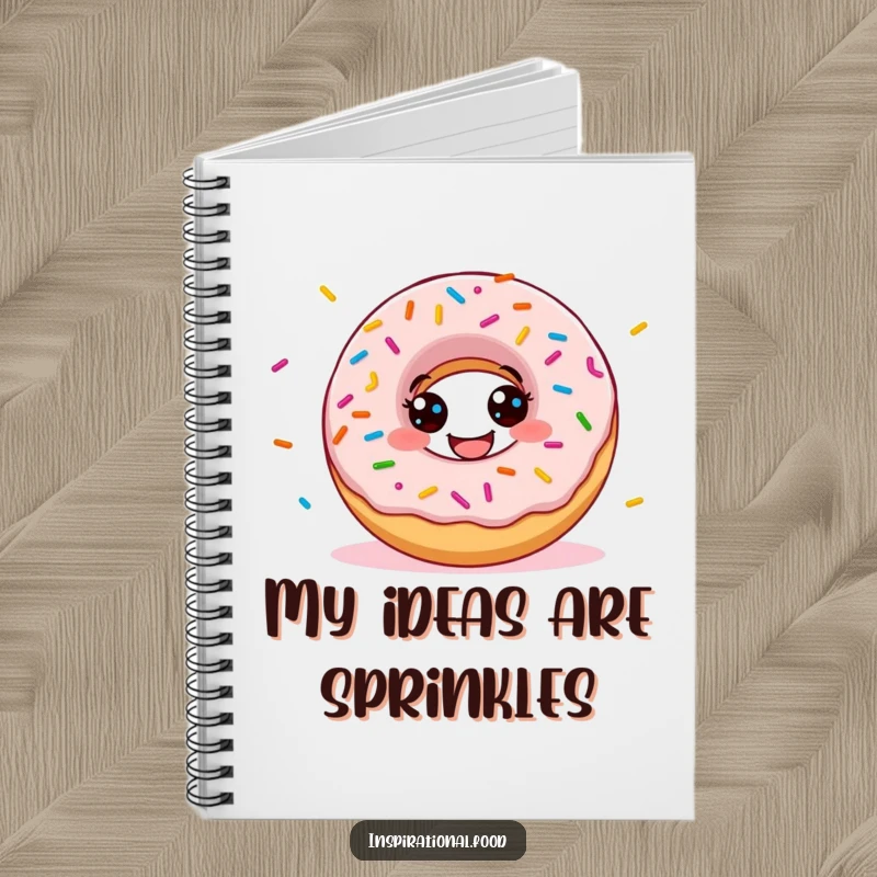 Funny donut notebook with a grinning character scattering sprinkles, inspiring creativity and laughter for all your writing needs.