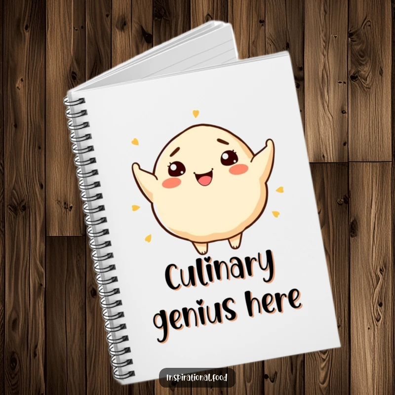 Funny notebook with a smiling dumpling character bursting with artistic food ideas, perfect for note-taking.