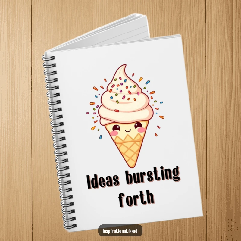 Funny notebook featuring a happy ice cream cone character with a sprinkle explosion, great for jotting down ideas and doodles.