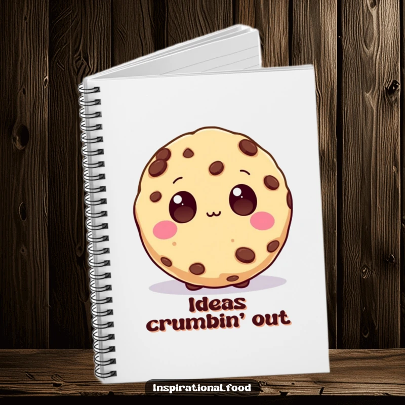 Funny Notebook with an inspired cookie character whose wide chocolate chip eyes show a mind buzzing with creative and innovative concepts.