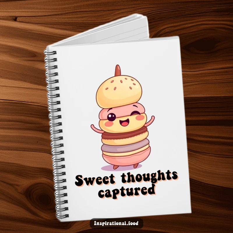 Funny notebook with a cheerful macaron tower in a happy, wobbly spin, perfect for jotting notes with a sweet, humorous touch.