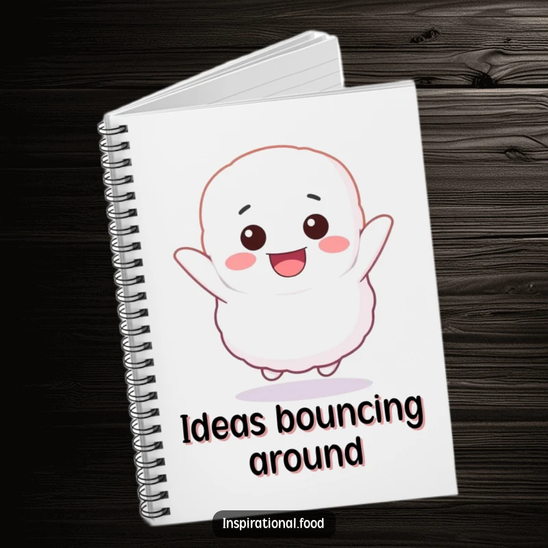 Funny notebook with a fluffy marshmallow character bouncing with glee, perfect for writing notes with a dose of pure, happy energy.