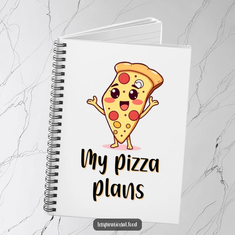 Funny notebook with a proud pizza slice character showcasing toppings, perfect for jotting down pizza ideas and recipes.