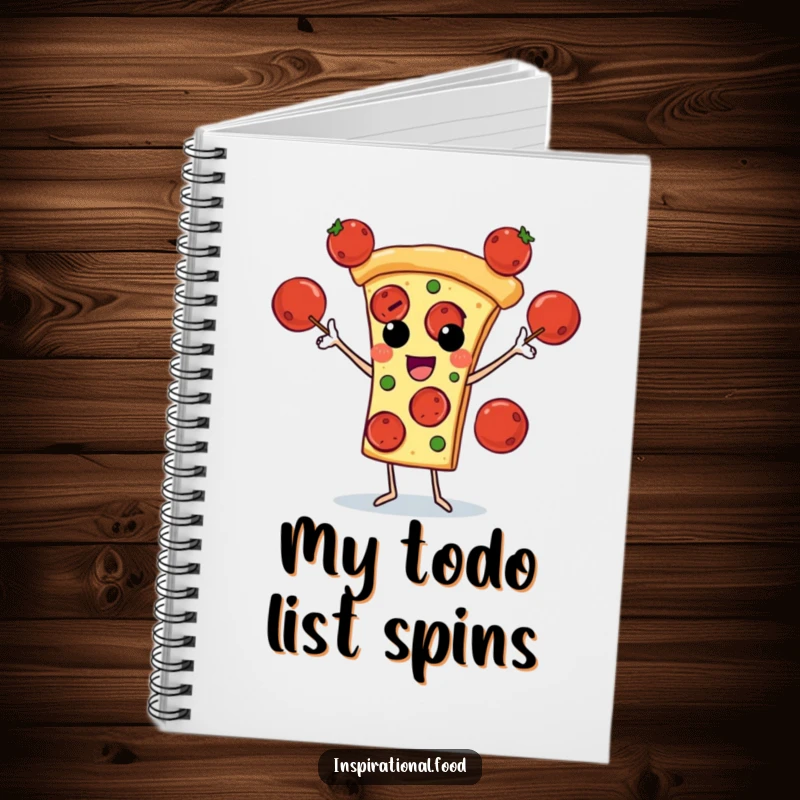 Funny notebook featuring a pizza slice character juggling pepperoni, great for jotting down notes, recipes, or pizza-related thoughts.