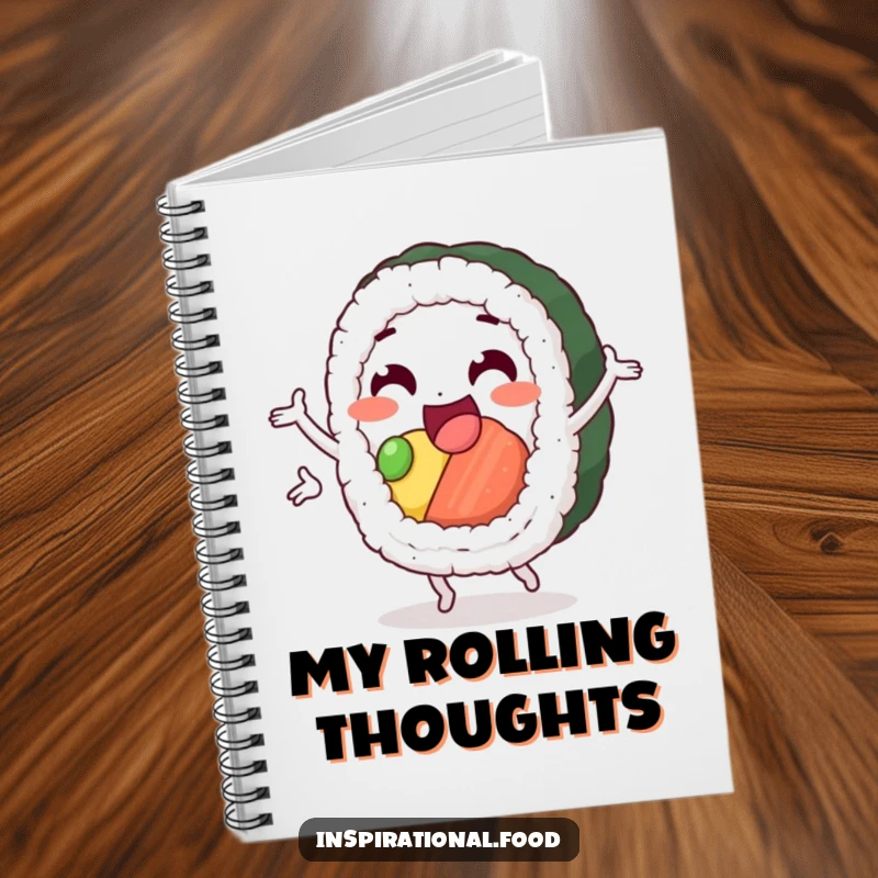 Funny sushi notebook, a delighted sushi roll character in a cheerful loop, perfect for recipes, notes, or journaling for sushi lovers.