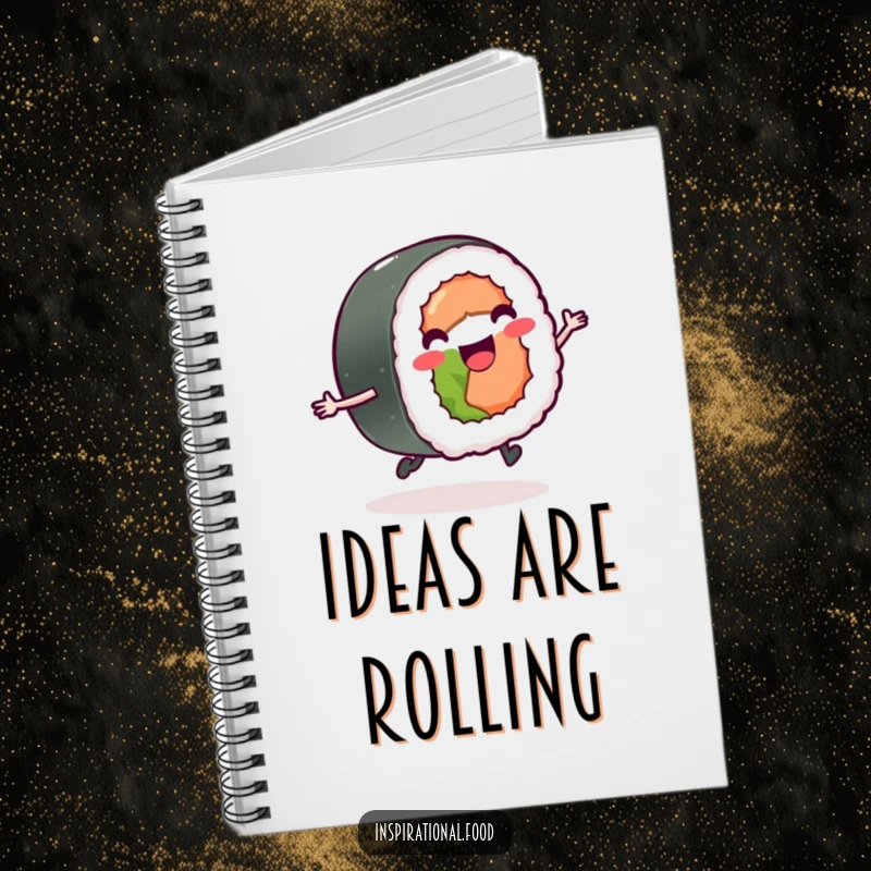 Funny happy sushi roll with tiny legs skipping on a notebook, a cheerful and motivational stationery item.