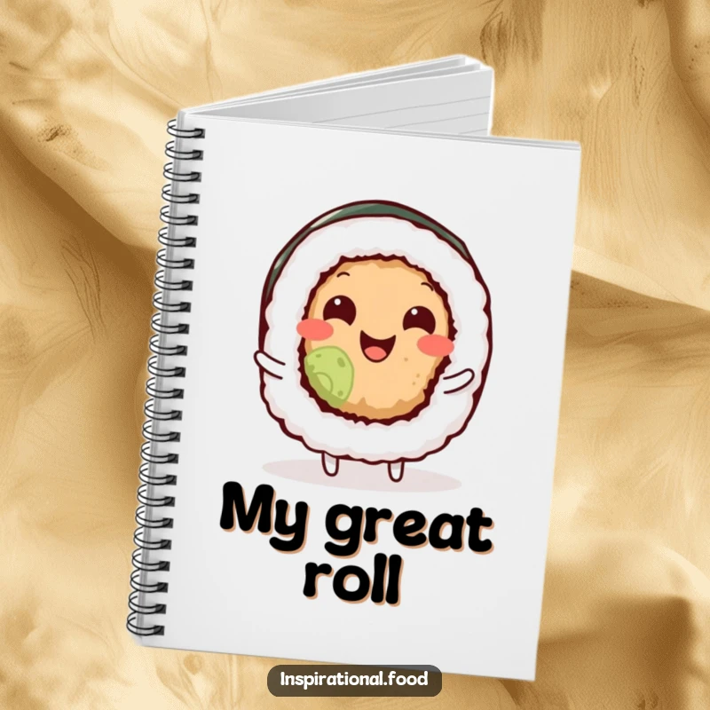 Funny sushi roll character wiggling its body with pure joy on a notebook cover, perfect for capturing funny thoughts.