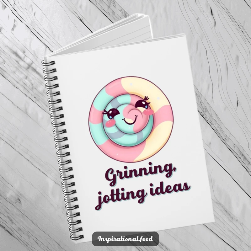 Funny candy swirl notebook featuring a delighted character with a playful grin, great for capturing ideas with sweet candy humor.
