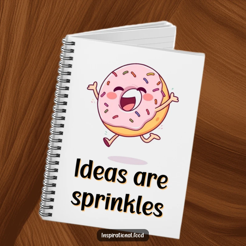 Funny notebook with an ecstatic donut and sprinkles doing a cheerful leap, great for jotting down notes with humor.