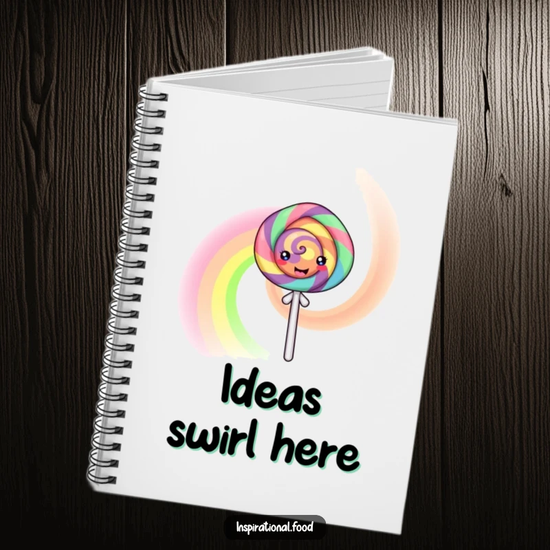 Funny Notebook with a happy lollipop character generating a swirling rainbow, ideal for jotting down sweet ideas and colorful thoughts.