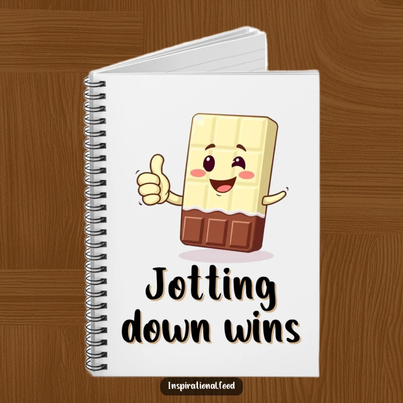 Funny notebook with a grinning chocolate bar character giving a thumbs up, perfect for jotting notes with sweet, humorous flair.