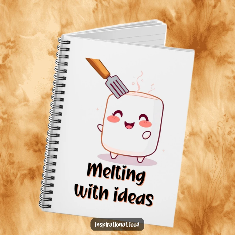 Funny notebook with a cheerful, blushing marshmallow being toasted, ready to capture brilliant ideas.