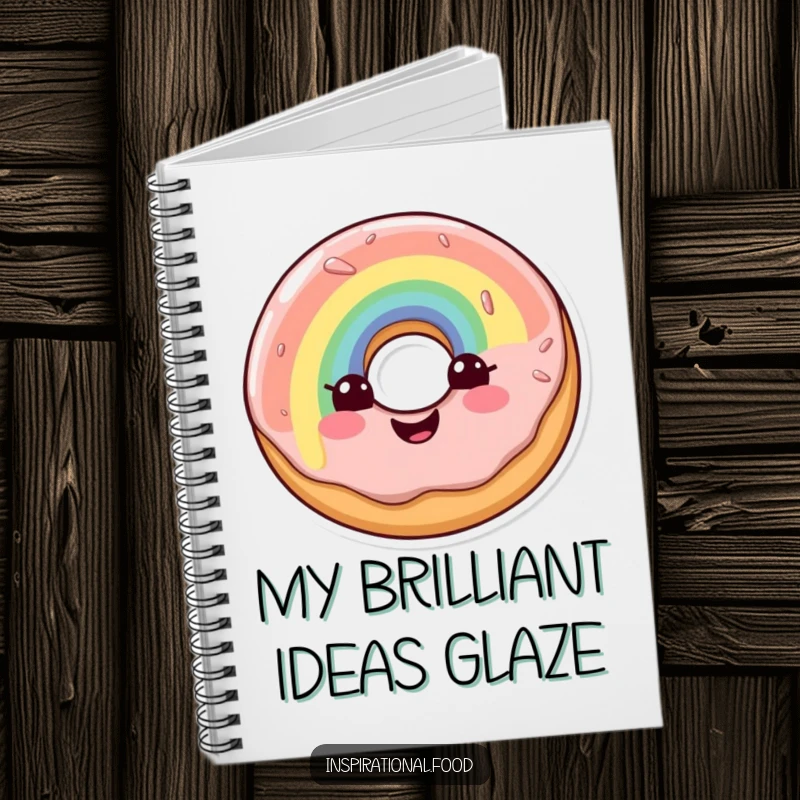Funny notebook with a happy doughnut character and a vibrant rainbow glaze, perfect for jotting down notes and ideas.