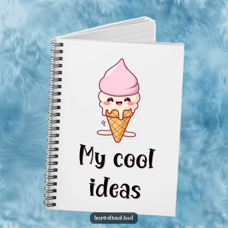 Funny notebook with a beaming ice cream cone character melting, perfect for jotting down sweet ideas and dessert recipes.