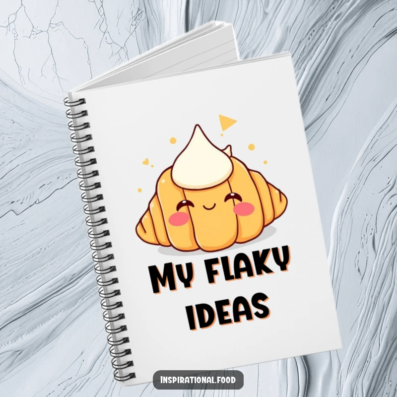 Funny notebook cover with a happy croissant dreaming of a huge butter pile, ideal for humorous note-taking.