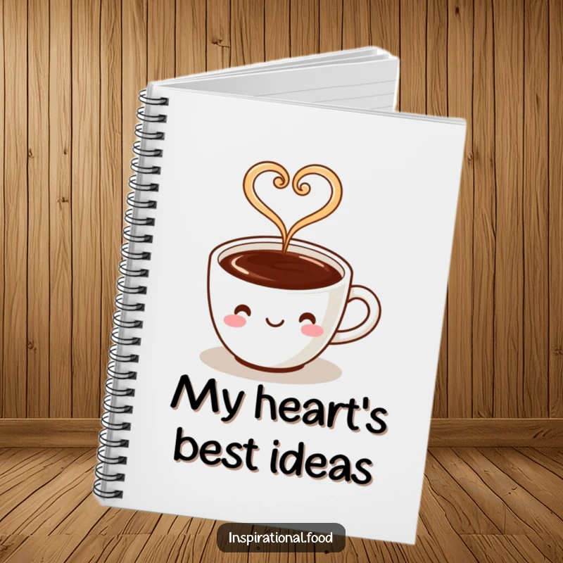 Funny notebook with a coffee cup character and heart-shaped steam, ideal for jotting down warm thoughts.