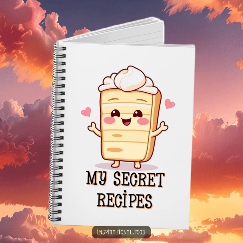 Funny notebook with a giggling cake character sharing a recipe, perfect for jotting down baking ideas and notes.