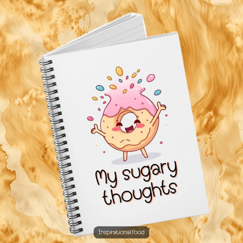 Funny donut notebook, a cheerful donut character joyfully tossing sprinkles, perfect for recipes, notes, or journaling for dessert enthusiasts.