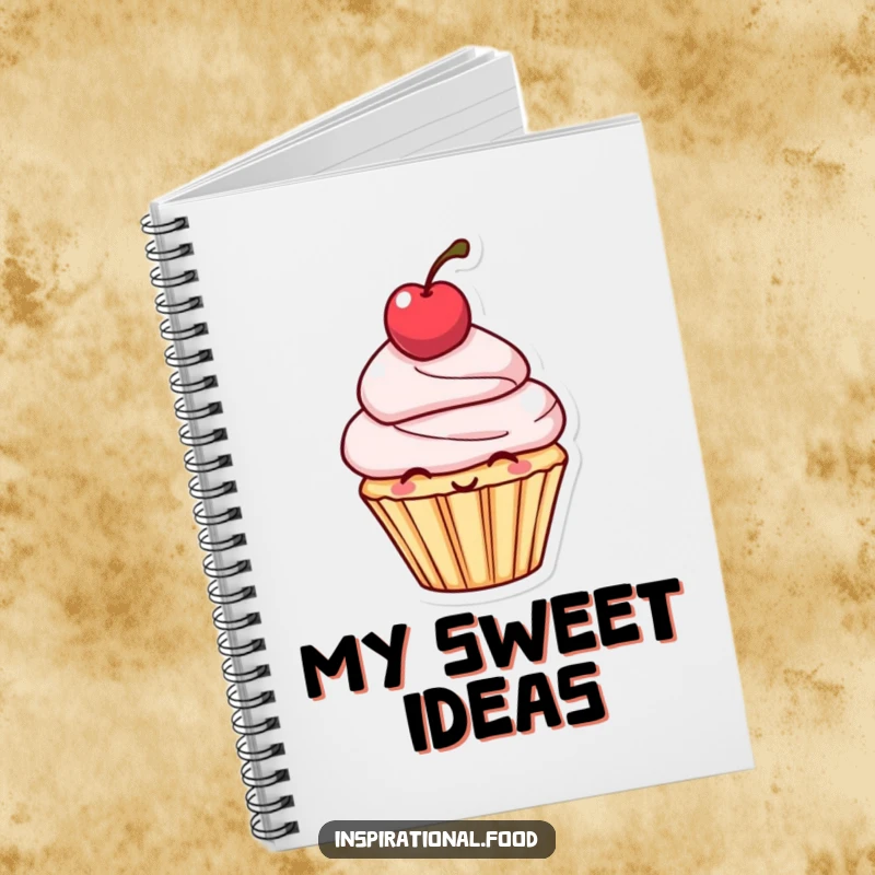 Funny Notebook: Cover features a smiling cupcake character with a cherry balanced on its head, perfect for recipe notes.
