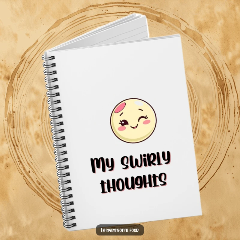 Funny macaron character notebook cover, winking happily and creating swirling patterns, perfect for note-taking with a touch of playful sweetness.