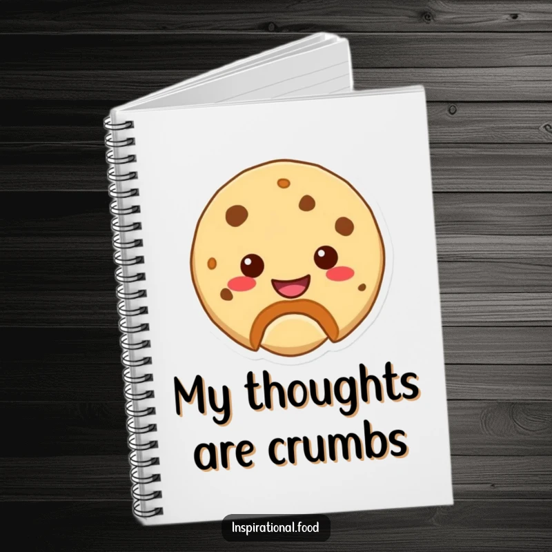 Funny notebook with a cookie character, bite mark, and hidden smile, ideal for jotting down sweet ideas.