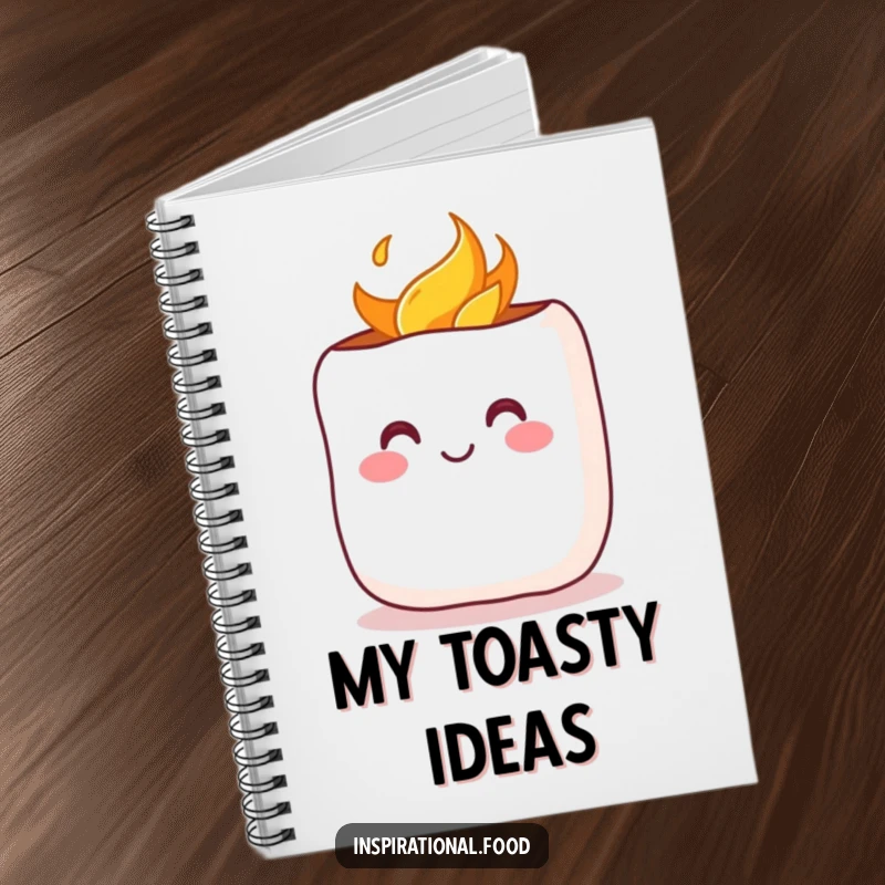 Funny Notebook: A cheerful marshmallow with a rosy blush being toasted, perfect for jotting down notes with a cozy vibe.