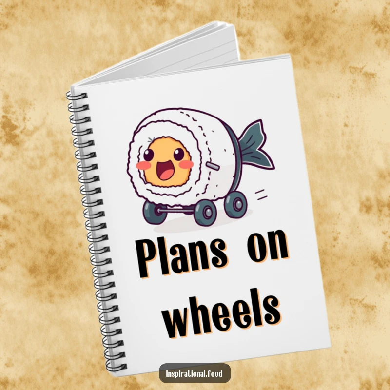 Funny notebook with an excited sushi roll character with simple dot eyes, zooming forward on tiny wheels.
