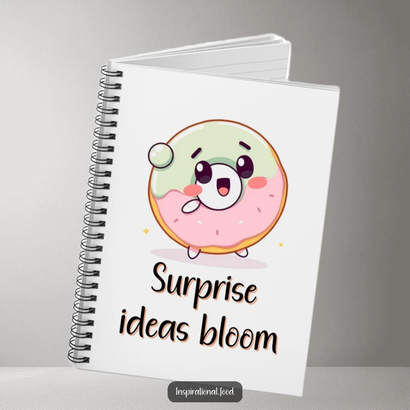 Funny notebook with a cheerful donut character with a surprised expression, bouncing a ball.