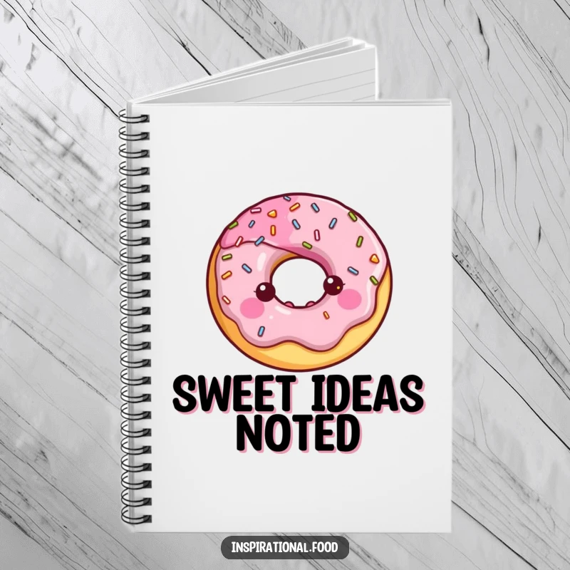 Happy donut character with a halo of sprinkles on a notebook cover. Sweet journal.