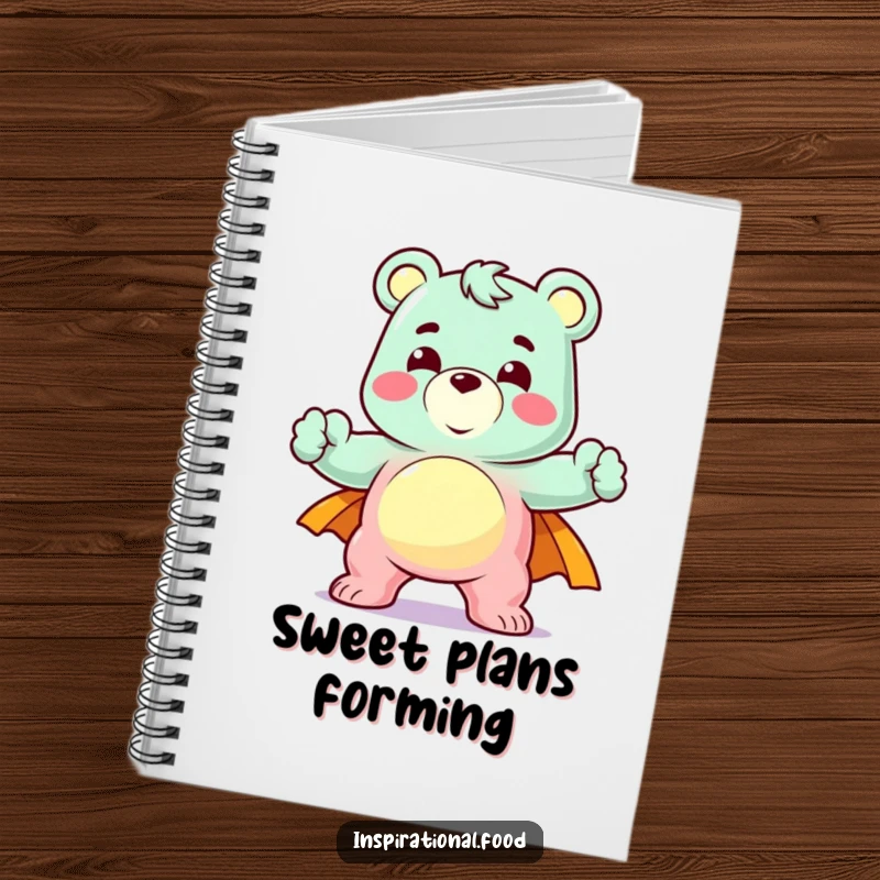 Funny notebook with a delighted gummy bear character in a heroic pose, perfect for jotting notes with sweet, humorous bravery.