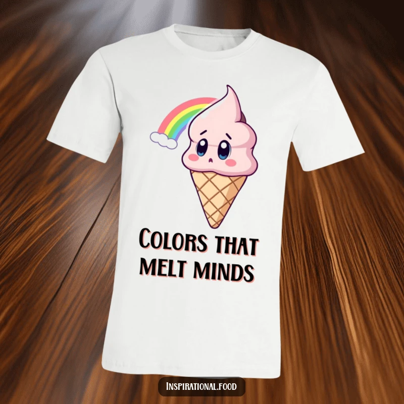 Funny Ice Cream T-Shirt with an astonished ice cream cone character wide-eyed before a majestic rainbow, full of wonder.