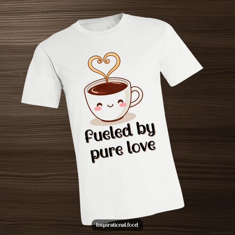 Funny T-shirt showcasing a joyful coffee cup character with steam forming a heart, symbolizing love and warmth.